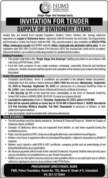 National University of Medical Sciences Islamabad Tender Notice